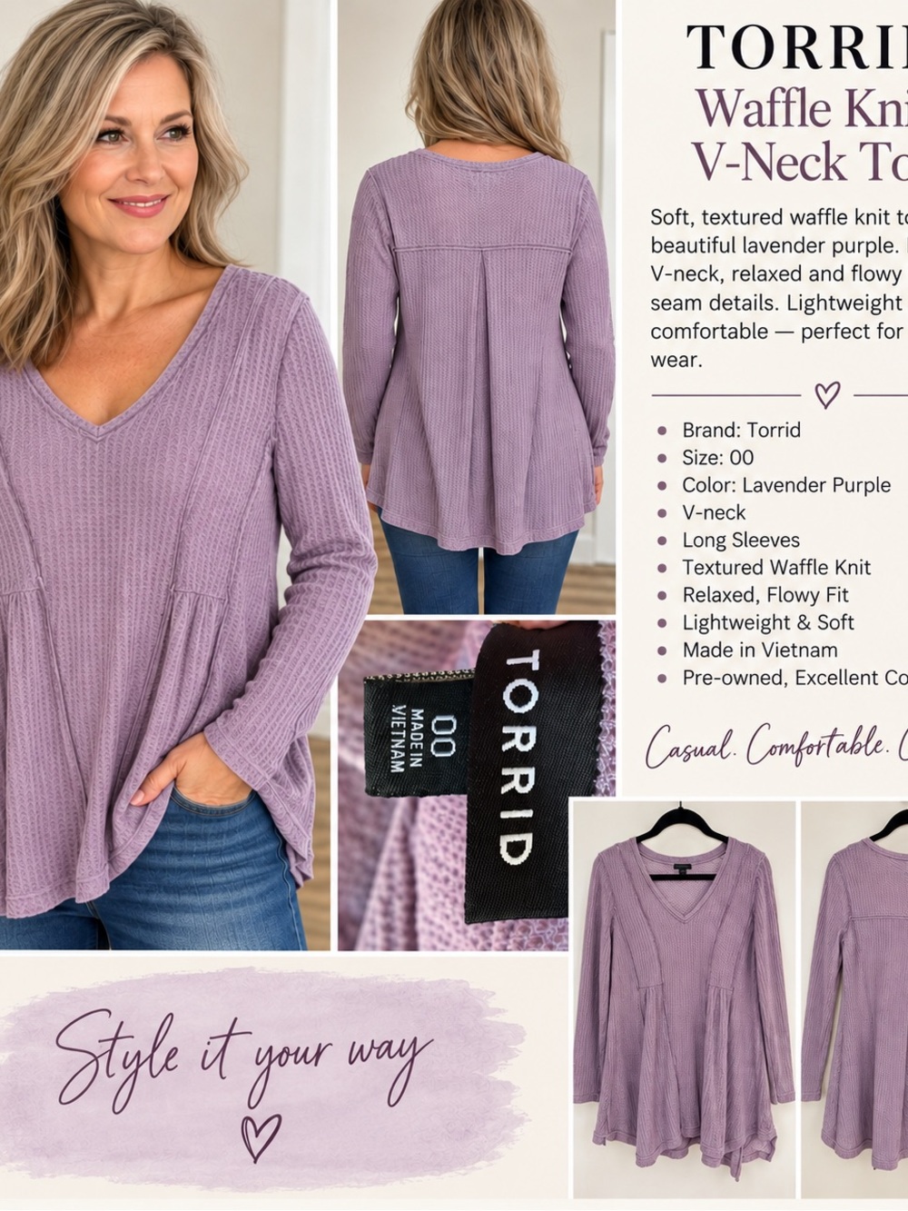 Torrid Lavender Purple Waffle Knit V-Neck Long Sleeve Top Size 00